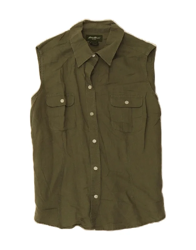 EDDIE BAUER Womens Sleeveless Shirt Blouse UK 14 Large Khaki Linen Versatile Layering Blouse EDDIE BAUER Womens Sleeveless Shirt Blouse UK 14 Large Khaki Linen Versatile Layering Blouse