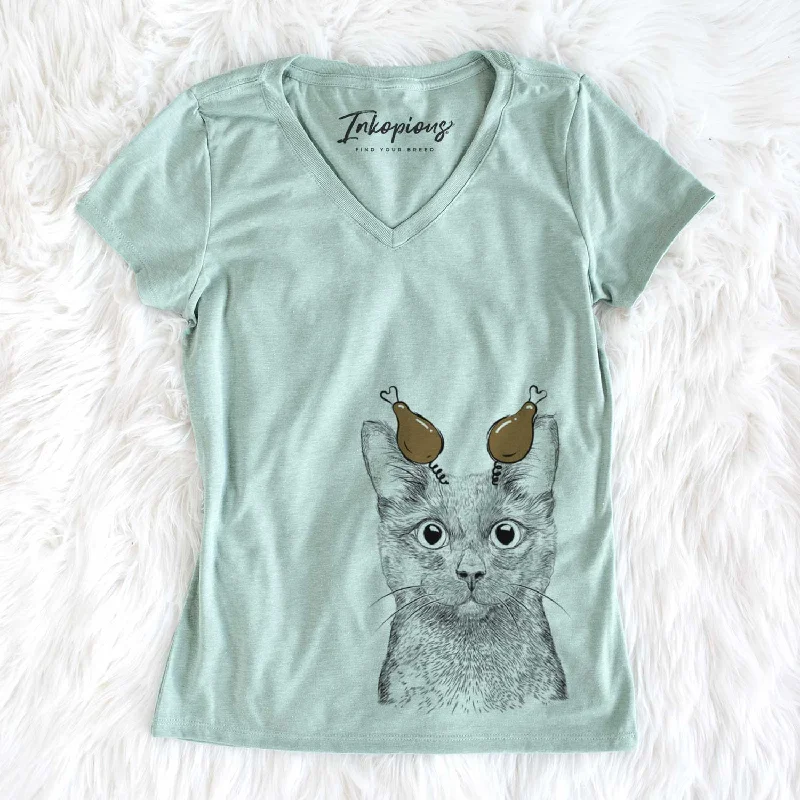 Thanksgiving Shadow the Black Cat - Women's V-neck Shirt-- Embroidered Appliqued Beaded