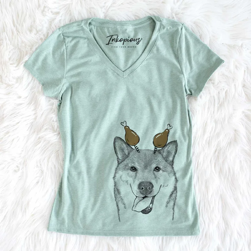 Thanksgiving Mothra the Shiba Inu - Women's V-neck Shirt-- Terry Blend Velvet Blend Canvas Blend Thanksgiving Mothra the Shiba Inu - Women's V-neck Shirt-- Terry Blend Velvet Blend Canvas Blend