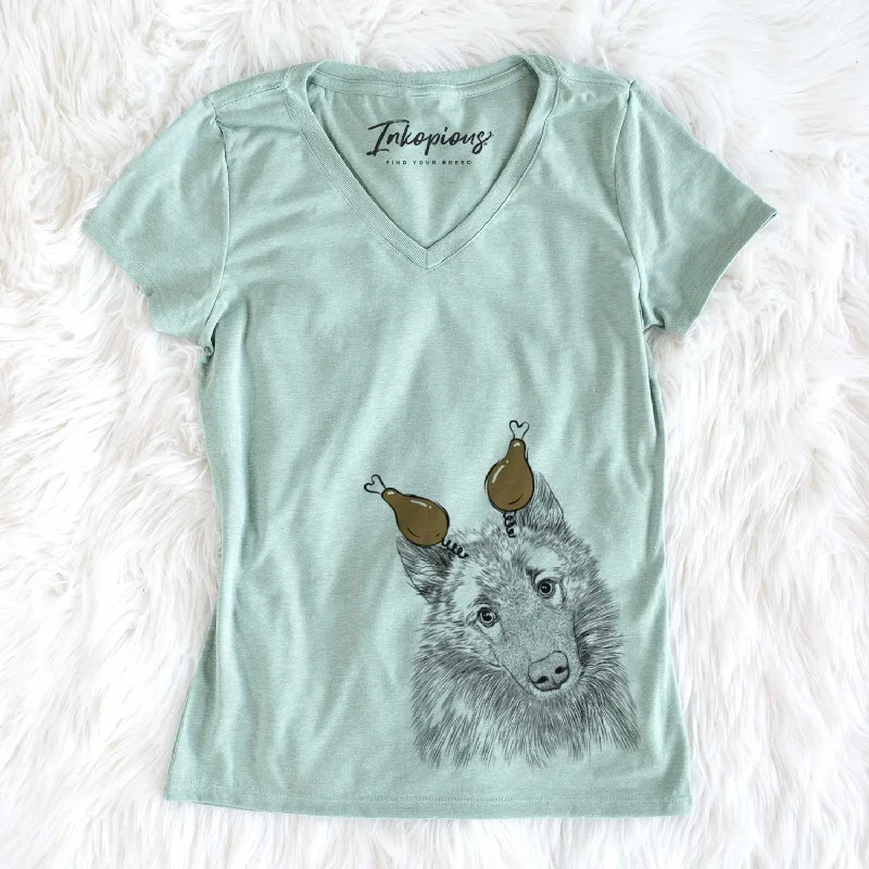 Thanksgiving Mr. Maverick the Keeshond - Women's V-neck Shirt-- Beaded Sequined Faux Fur Thanksgiving Mr. Maverick the Keeshond - Women's V-neck Shirt-- Beaded Sequined Faux Fur