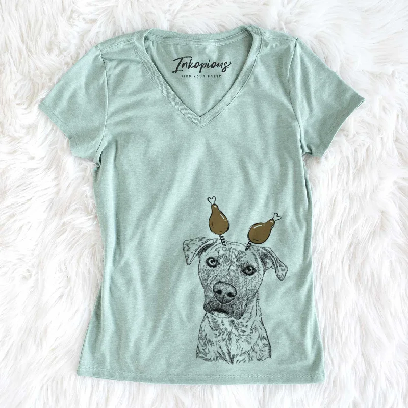 Thanksgiving Monster Baby the Pitbull Mix - Women's V-neck Shirt-- Striped Floral Plaid Thanksgiving Monster Baby the Pitbull Mix - Women's V-neck Shirt-- Striped Floral Plaid