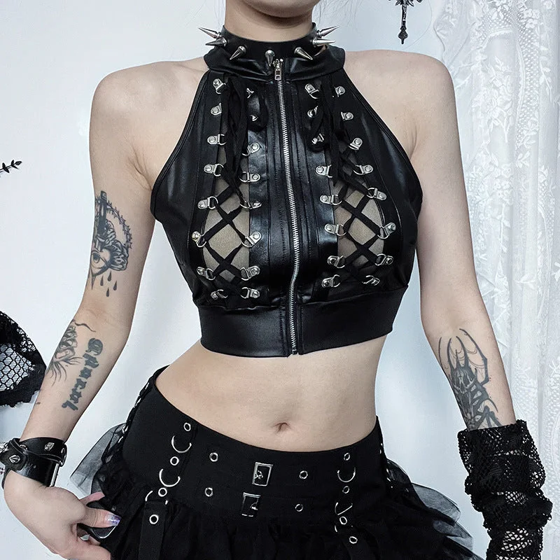 Yipinpay Summer New Sexy Hollowed-Out Navel Blouse Dark Style Personality Beer Buckle Strapped Vest Women's Dress Feminine Ruffle Blouse Yipinpay Summer New Sexy Hollowed-Out Navel Blouse Dark Style Personality Beer Buckle Strapped Vest Women's Dress Feminine Ruffle Blouse