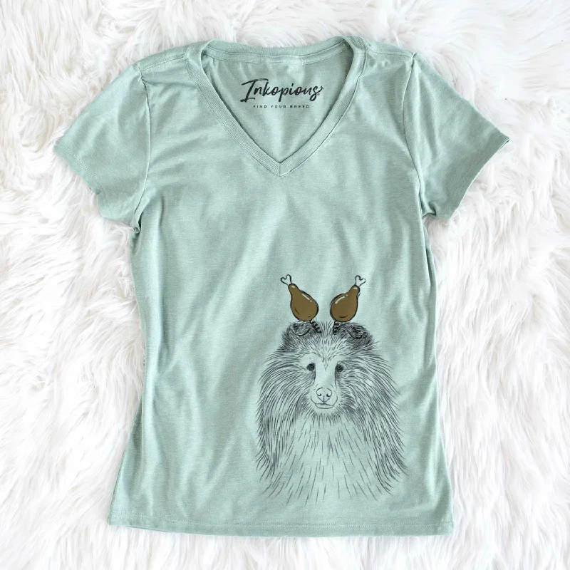 Thanksgiving Moxie the Shetland Sheepdog - Women's V-neck Shirt-- Chenille Blend Fleece Blend Nylon Blend Thanksgiving Moxie the Shetland Sheepdog - Women's V-neck Shirt-- Chenille Blend Fleece Blend Nylon Blend