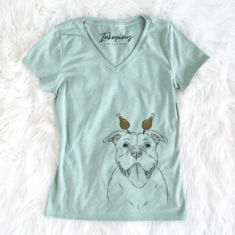 Thanksgiving Nacho the American Bully - Women's V-neck Shirt-- Rayon Velvet Corduroy Thanksgiving Nacho the American Bully - Women's V-neck Shirt-- Rayon Velvet Corduroy