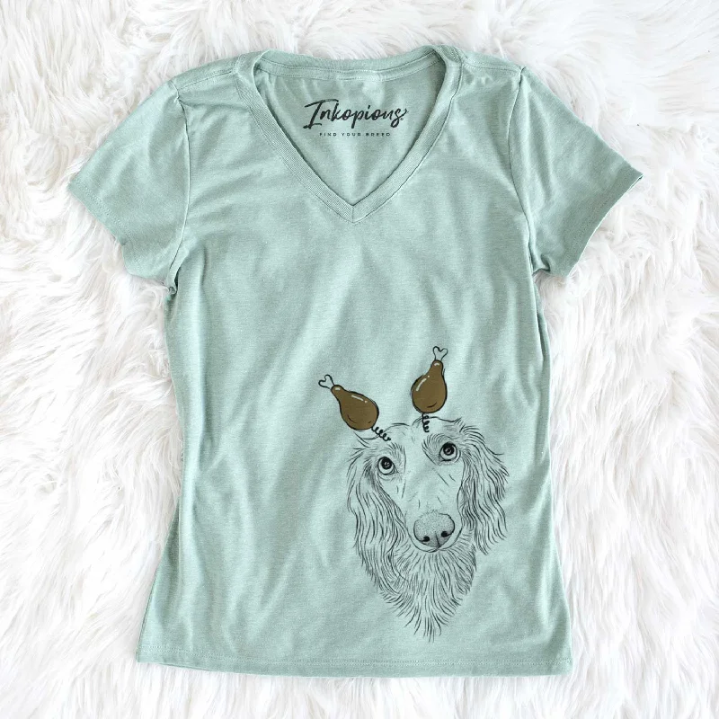 Thanksgiving Mr. Rusty the Long Haired Dachshund - Women's V-neck Shirt-- Cozy Warm Stylish Thanksgiving Mr. Rusty the Long Haired Dachshund - Women's V-neck Shirt-- Cozy Warm Stylish