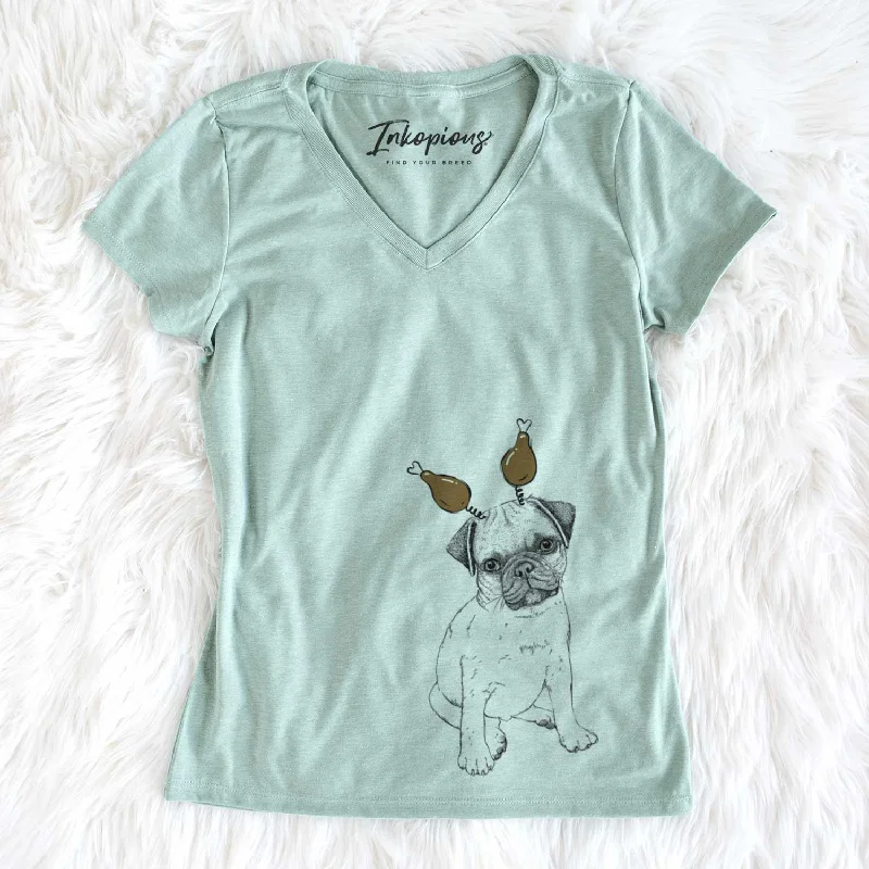 Thanksgiving Nelson the Pug Puppy - Women's V-neck Shirt-- Zippered Buttoned Snapped Thanksgiving Nelson the Pug Puppy - Women's V-neck Shirt-- Zippered Buttoned Snapped