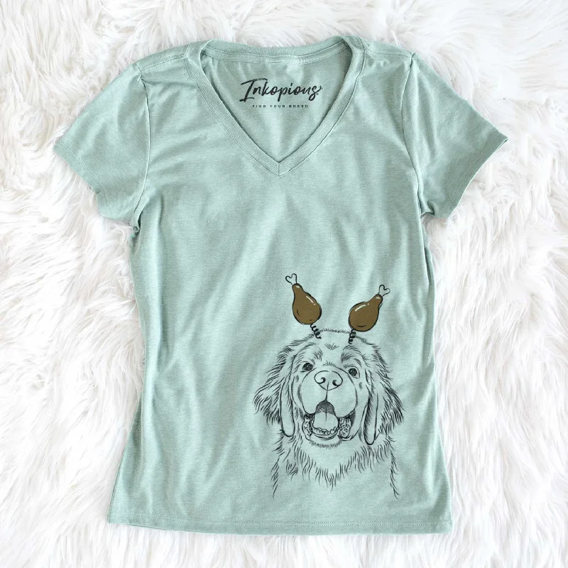 Thanksgiving Mozart the Newfoundland - Women's V-neck Shirt-- Silk Blend Satin Velvet Thanksgiving Mozart the Newfoundland - Women's V-neck Shirt-- Silk Blend Satin Velvet