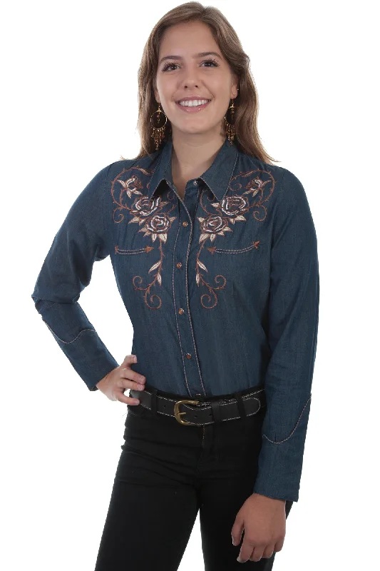 Scully Womens Denim Poly/Rayon Skull & Roses L/S Blouse Casual Relaxed Blouse