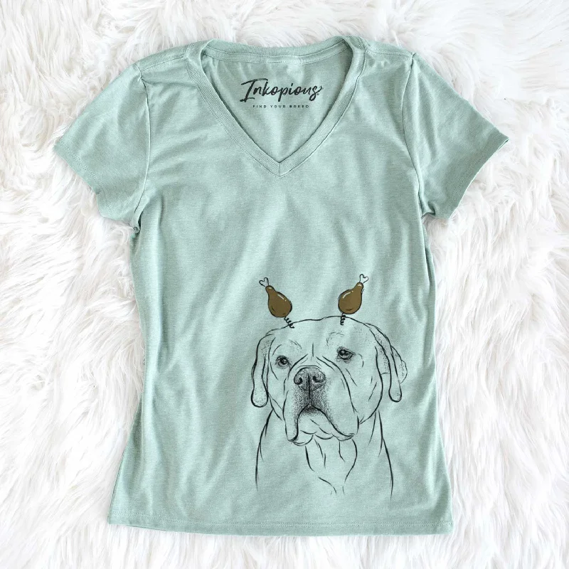 Thanksgiving Nora the American Bulldog Mix - Women's V-neck Shirt-- Anti-Pilling Machine Wash Handmade Thanksgiving Nora the American Bulldog Mix - Women's V-neck Shirt-- Anti-Pilling Machine Wash Handmade