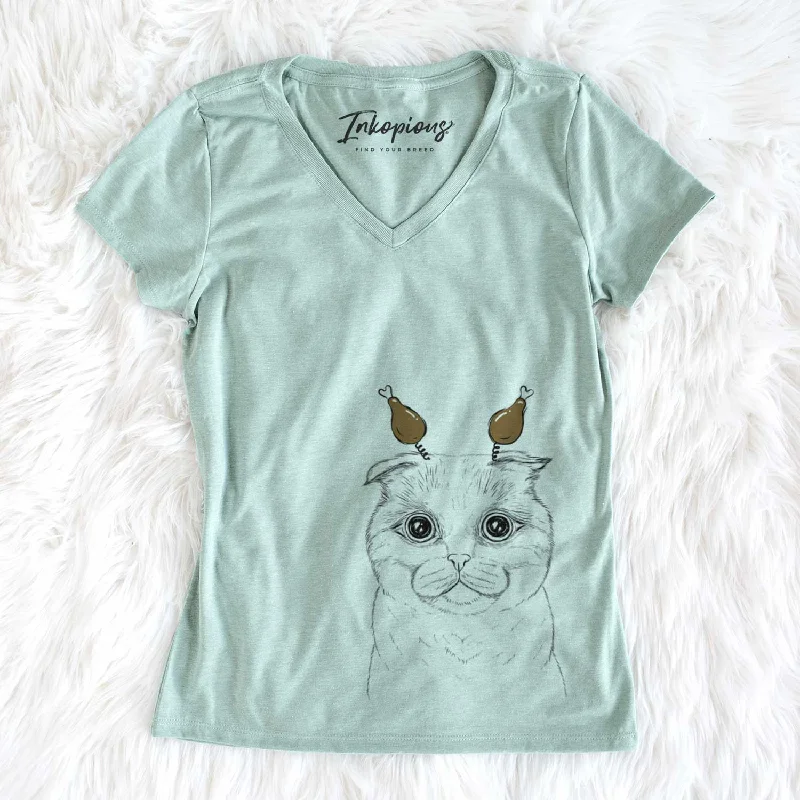 Thanksgiving Neko the Scottish Fold Cat - Women's V-neck Shirt-- Elasticated Padded Insulated Thanksgiving Neko the Scottish Fold Cat - Women's V-neck Shirt-- Elasticated Padded Insulated