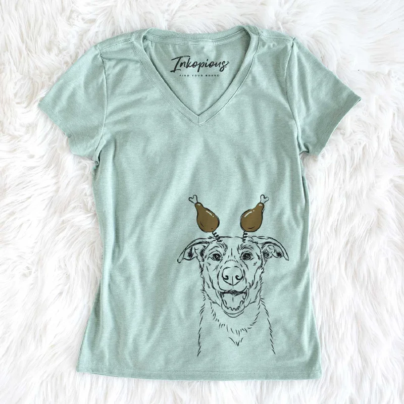 Thanksgiving Noah the Border Collie - Women's V-neck Shirt-- Asymmetrical Pockets Print Thanksgiving Noah the Border Collie - Women's V-neck Shirt-- Asymmetrical Pockets Print