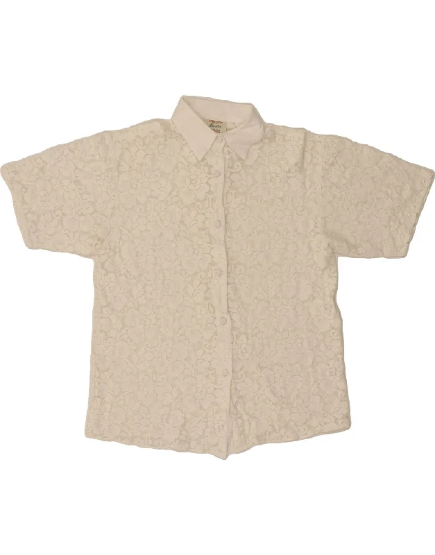 BENETTON Womens Short Sleeve Shirt Blouse IT 44 Medium White Floral Satin Bow Blouse BENETTON Womens Short Sleeve Shirt Blouse IT 44 Medium White Floral Satin Bow Blouse