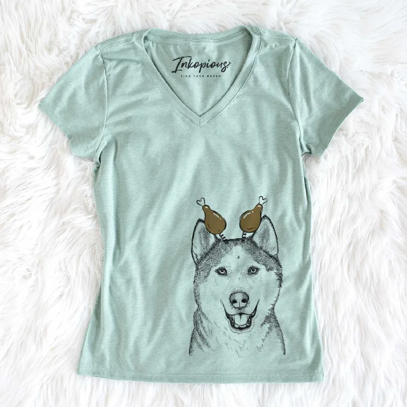 Thanksgiving Nika the Siberian Husky - Women's V-neck Shirt-- Casual Formal Business Thanksgiving Nika the Siberian Husky - Women's V-neck Shirt-- Casual Formal Business