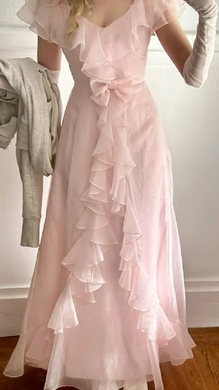 Pink V Neck Off Shoulder A-Line Ruffles Long Party Dress Birthday Dress, D156 Crew Neckline Casual Pink V Neck Off Shoulder A-Line Ruffles Long Party Dress Birthday Dress, D156 Crew Neckline Casual