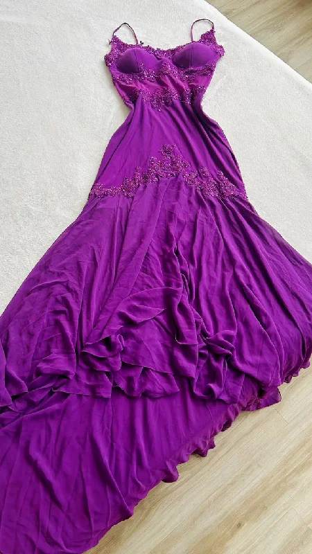 Purple Spaghetti Straps Appliques Long Party Dress Evening Gown, MD7865 Tunics Lace romantic Purple Spaghetti Straps Appliques Long Party Dress Evening Gown, MD7865 Tunics Lace romantic
