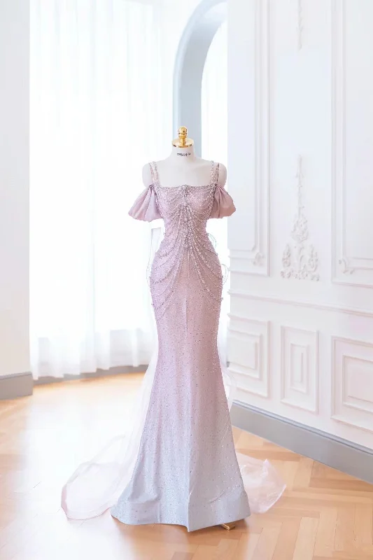 Pink Straps Off Shoulder Beading Mermaid Long Formal Party Dress, D282 Halter Neckline Beach Pink Straps Off Shoulder Beading Mermaid Long Formal Party Dress, D282 Halter Neckline Beach