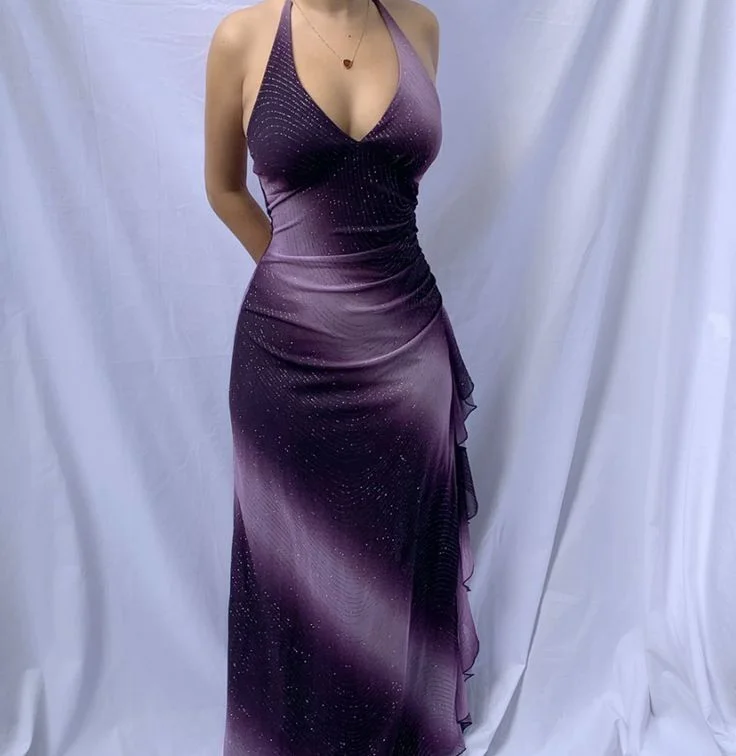 Purple Gradient Halter Sheath Chiffon Long Party Dress Vintage Evening Dress, D369 Tunics Solid Classic Purple Gradient Halter Sheath Chiffon Long Party Dress Vintage Evening Dress, D369 Tunics Solid Classic