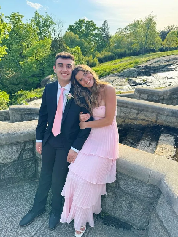 Pink Strapless A-Line Tiered Chiffon Long Formal Party Dress MD7313 Satin Halter Glamorous Pink Strapless A-Line Tiered Chiffon Long Formal Party Dress MD7313 Satin Halter Glamorous