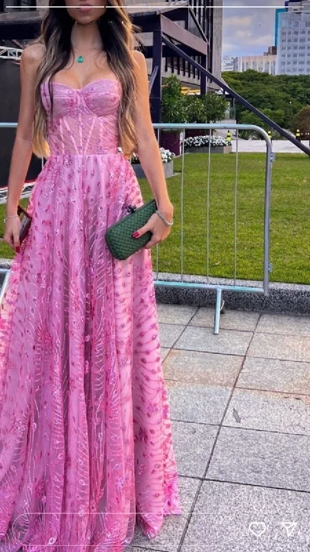 Pink Sweetheart Neck A-Line Lace Sequins Long Party Dress Formal Prom Dress, D508 Square Neckline Feminine Pink Sweetheart Neck A-Line Lace Sequins Long Party Dress Formal Prom Dress, D508 Square Neckline Feminine