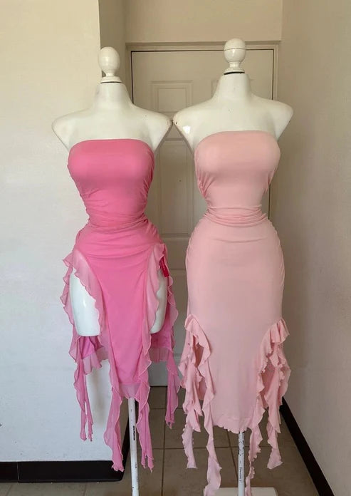 Pink Strapless Sheath Ruffles Long Party Dress Wedding Guest Dress, D285 Bodycon Fitted Nightout Pink Strapless Sheath Ruffles Long Party Dress Wedding Guest Dress, D285 Bodycon Fitted Nightout