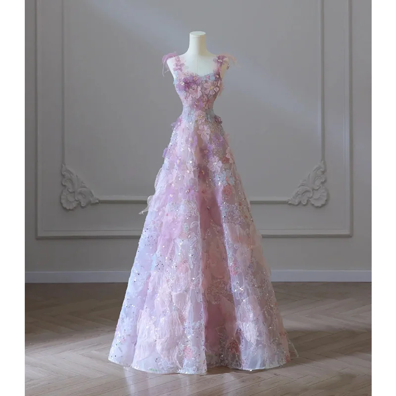 Pink Straps A-Line Floral Long Evening Party Dress Birthday Outfits MD7515 Pencil Length Work Pink Straps A-Line Floral Long Evening Party Dress Birthday Outfits MD7515 Pencil Length Work