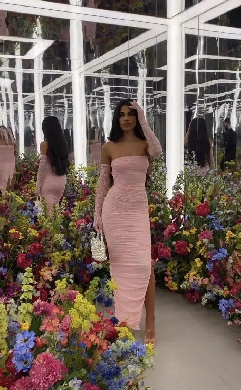 Pink Strapless Sheath Split Long Party Dress Wedding Guest Dress, D217 Pleated Skirt Elegant Pink Strapless Sheath Split Long Party Dress Wedding Guest Dress, D217 Pleated Skirt Elegant