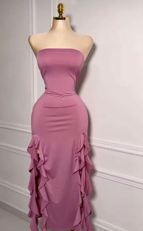 Pink Strapless Sheath Ruffles Long Party Dress Wedding Guest Dress, D293 Mermaid Tail Wedding Pink Strapless Sheath Ruffles Long Party Dress Wedding Guest Dress, D293 Mermaid Tail Wedding