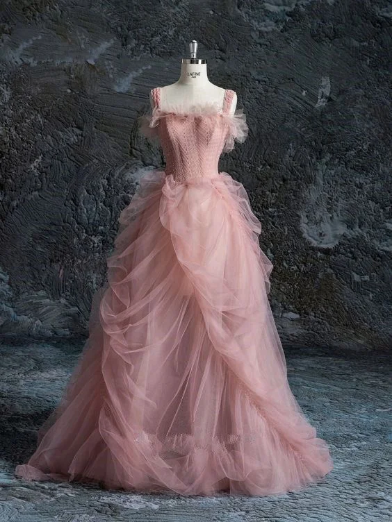 Pink Straps Tulle A-Line Long Formal Party Dress Evening Gown MD7819 Boat Neckline Classic Pink Straps Tulle A-Line Long Formal Party Dress Evening Gown MD7819 Boat Neckline Classic
