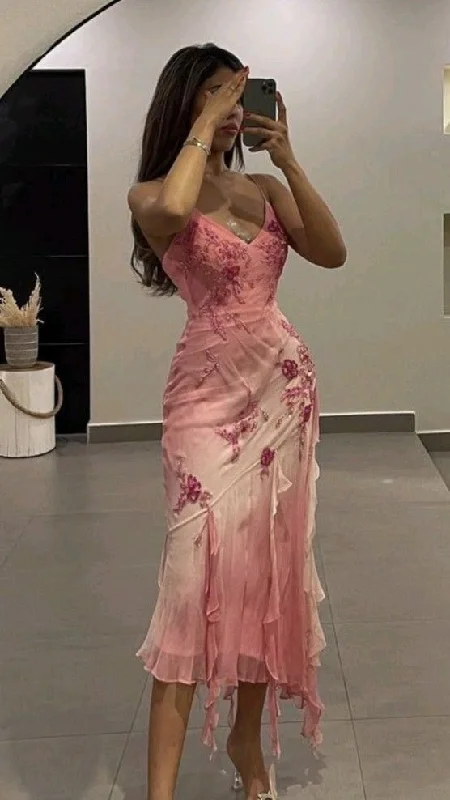 Pink Straps Ruffles Chiffon Vintage Long Party Dress Evening Gown, D67 Off-the-shoulder Chic Trendy Pink Straps Ruffles Chiffon Vintage Long Party Dress Evening Gown, D67 Off-the-shoulder Chic Trendy