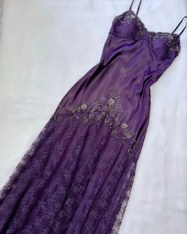 Purple Spaghetti Straps Lace Beading Sheath Long Evening Party Dress MD7430 Tunics Mesh breathable Purple Spaghetti Straps Lace Beading Sheath Long Evening Party Dress MD7430 Tunics Mesh breathable