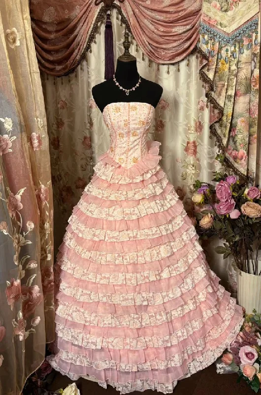 Pink Strapless A-Line Tiered Long Party Dress Vintage Evening Dress, D400 Chiffon Maxi Beach Pink Strapless A-Line Tiered Long Party Dress Vintage Evening Dress, D400 Chiffon Maxi Beach