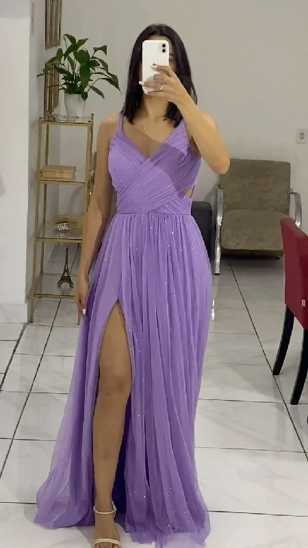 Purple Spaghetti Straps A-Line Tulle Long Formal Party Dress, MD7891 Tunics Plaid country Purple Spaghetti Straps A-Line Tulle Long Formal Party Dress, MD7891 Tunics Plaid country