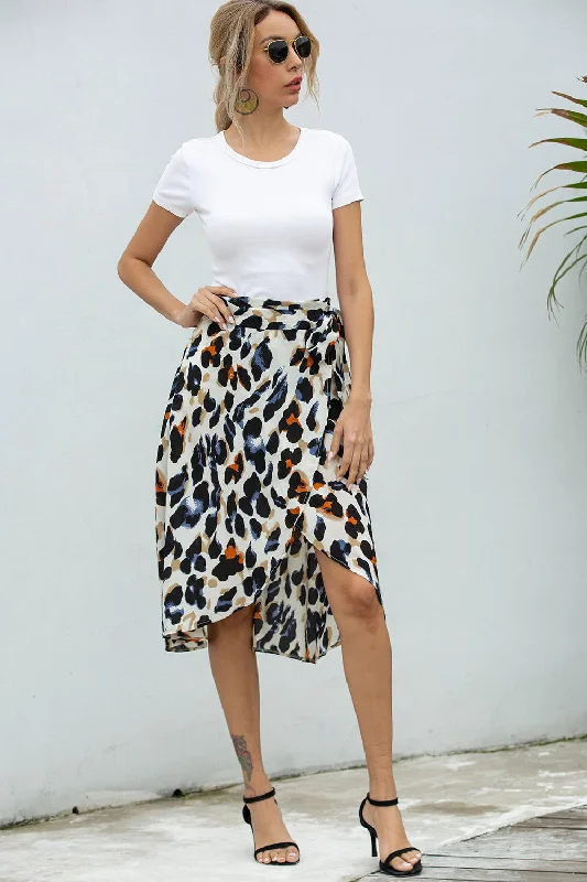 Summer Leopard Print Split Wrap Skirts spandex blend skirt