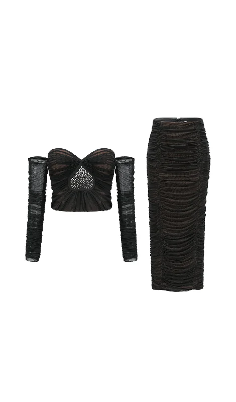 Gwenonwy black ruched mesh top & skirt matching set velvet skirt luxurious