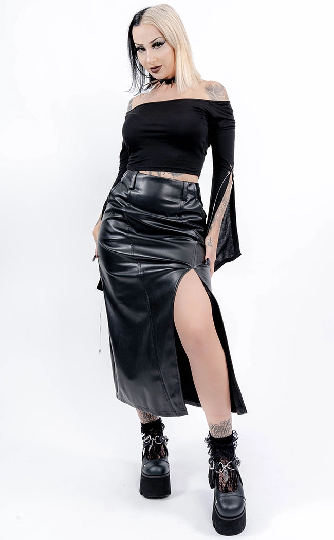 Sinstress Faux Leather Maxi Skirt button skirt front