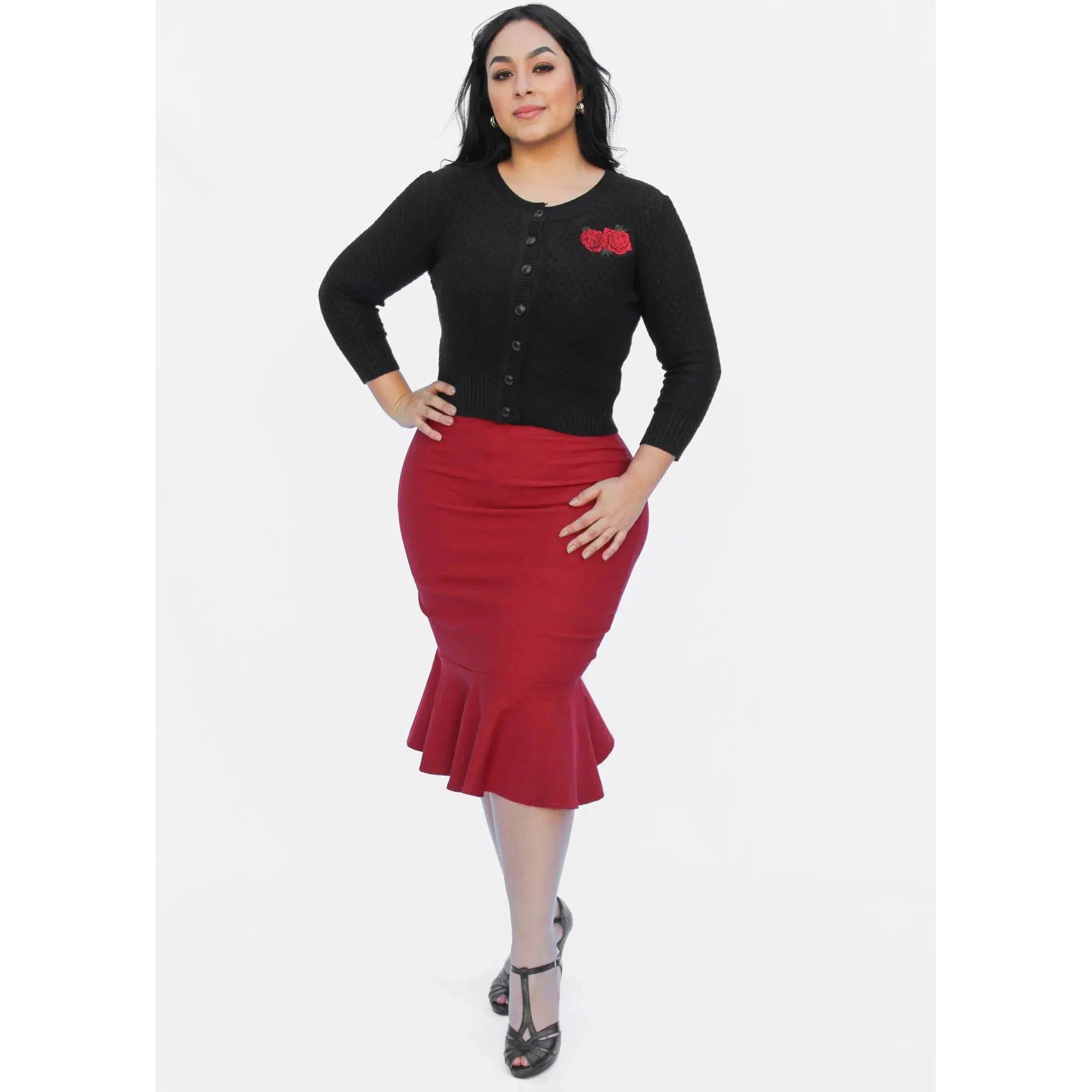 Mermaid Wiggle Skirt in Burgundy by Hemet tiered skirt playful