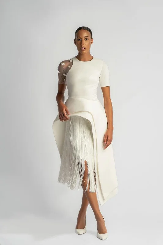 LEANNA WHITE STRUCTURED ASYMMETRIC TOP WITH FRINGE SKIRT denim skirt stylish