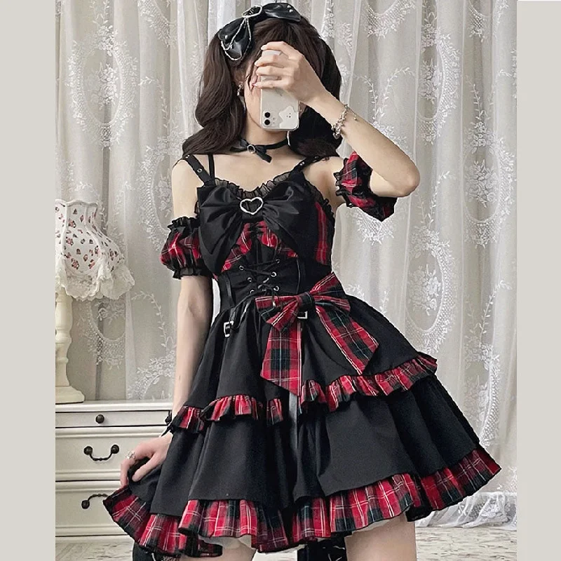 Red Plaid Pattern Sleeveless Ruffle Bow Lace-up Sweet Lolita Skirt linen skirt breathable Red Plaid Pattern Sleeveless Ruffle Bow Lace-up Sweet Lolita Skirt linen skirt breathable