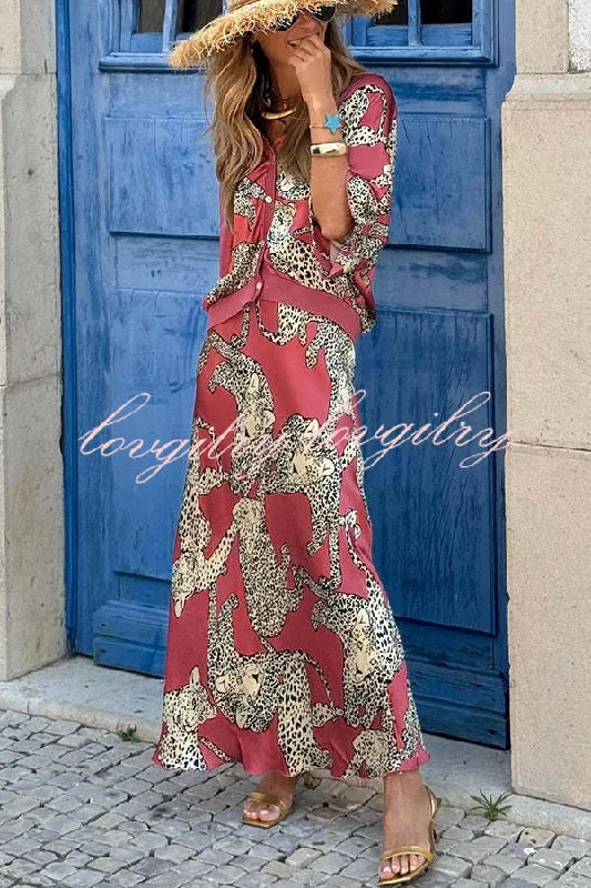 Abbie Satin Tiger Print High Rise Elastic Waist Maxi Skirt seamless skirt comfort