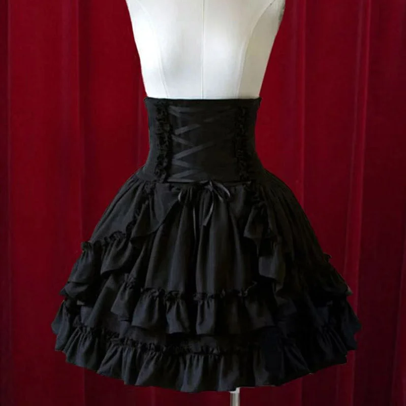 Pure Black Layered Ruffles High Waist Gothic Lolita Short Skirt cashmere skirt soft