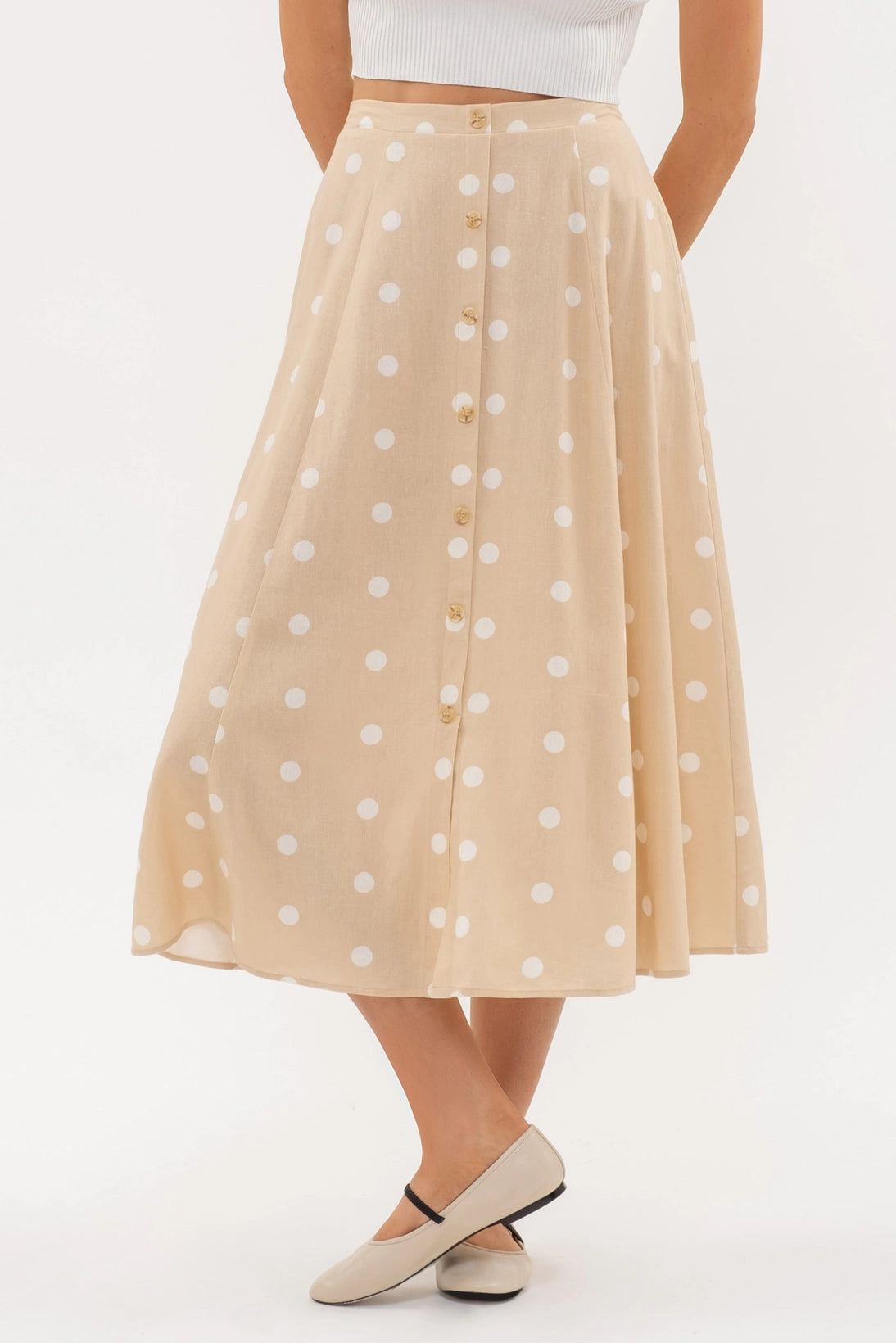 Vivian Polka Dot Midi Skirt asymmetrical skirt cut