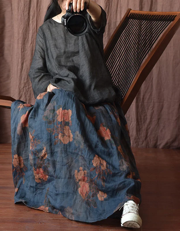 Original Design Flower Printed Loose Linen Skirt floral skirt print