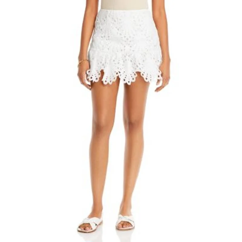 AQUA Ladies White Lace Mini Skirt w/ Scalloped Hem, Zipper Closure a-line skirt cut