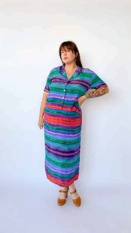 1990s Teal Striped Skirt Set, sz. L-2XL summer skirt style