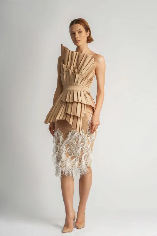 Structured Pleated Peplum Top With Tiny Strap & High Waist Lace Skirt With Feather Details. leather skirt refined