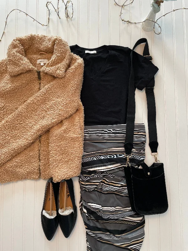 Neutral Stripes Shirred Skirt denim skirt trendy