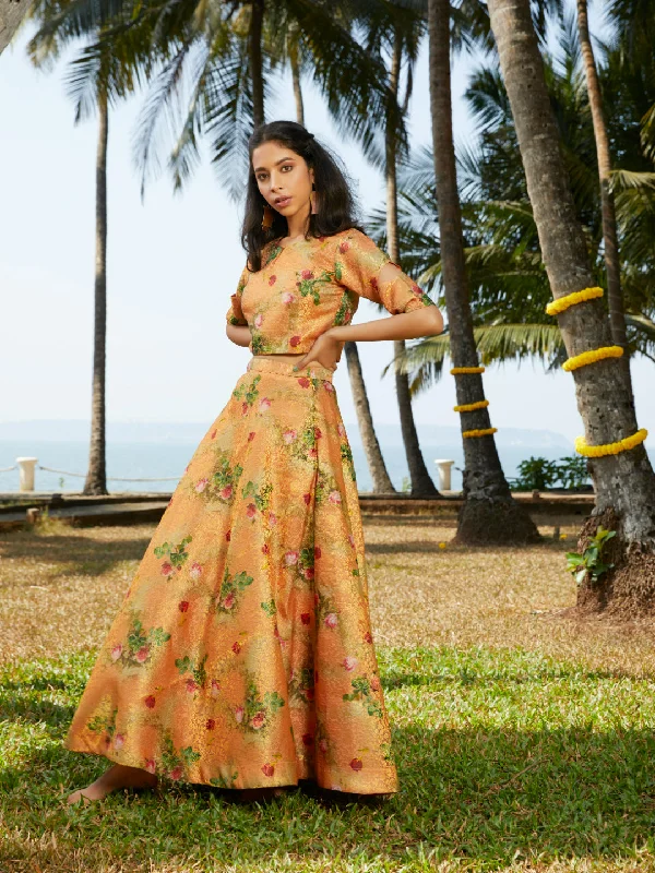 Mustard Printed Jacquard Flaired Skirt Top silk skirt elegant