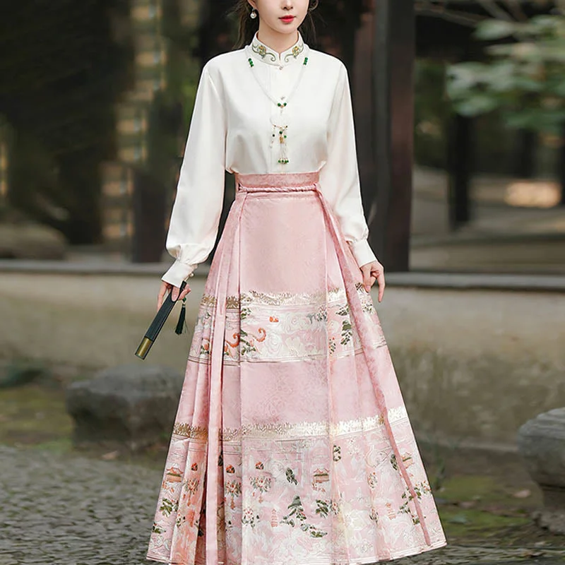 Buddha Stones Chinese Hanfu Pink Peach Garden Printed Horse Face Skirt Mamianqun athletic skirt fit