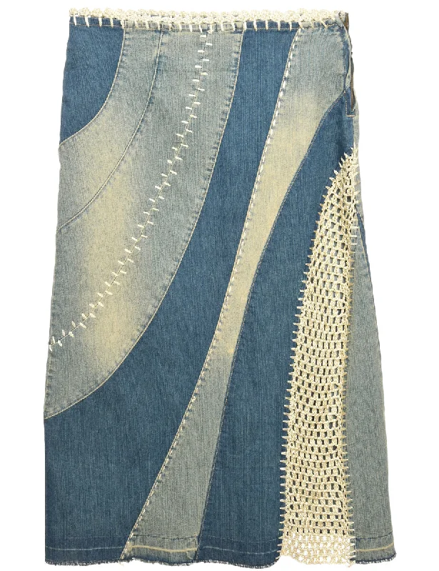 1990s Denim & Crochet Maxi Skirt - L lace skirt romantic
