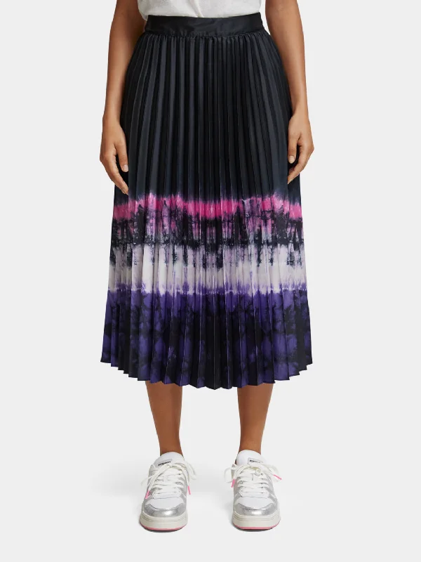 Printed pleated midi skirt elastic waist skirt